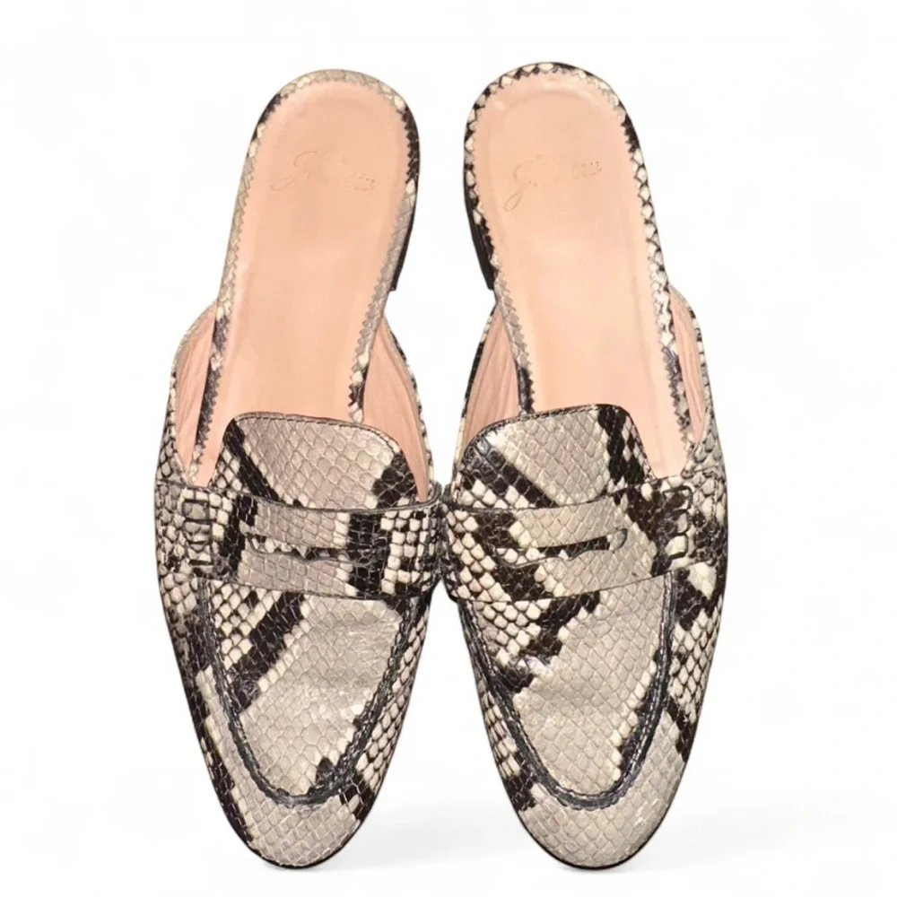 J.‎ Crew W 6.5 Snakeskin Loafers Mules Leather Black Tan Silver Slip On Classic - Picture 3 of 7